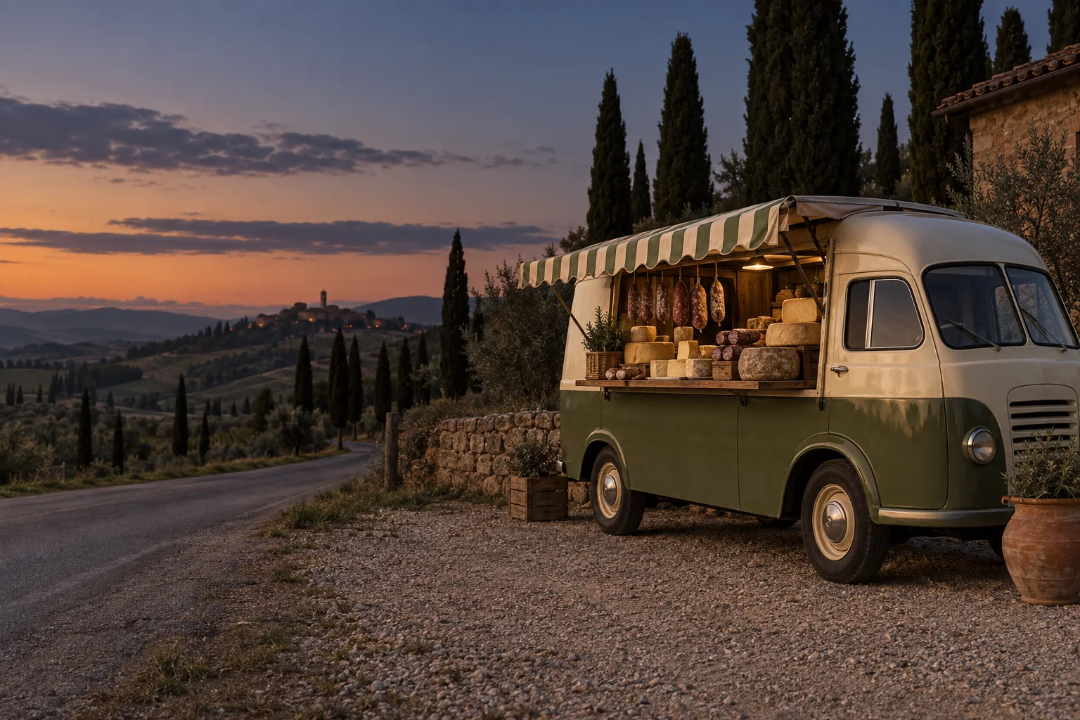 Vintage olive and cream delivery van with its side counter open, selling cheese and salami beside a cypress-lined country road at dusk